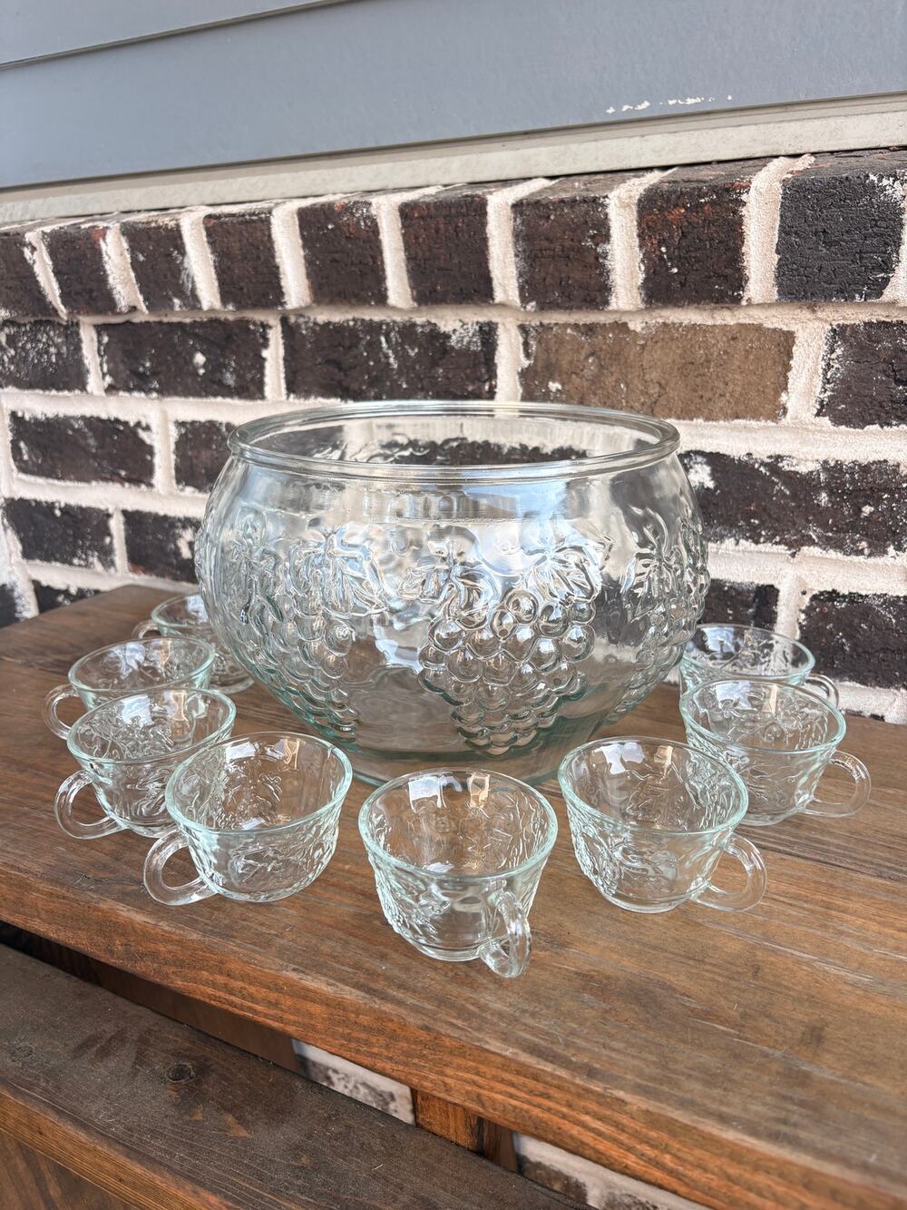 Vintage Indiana Glass Celebration Grape Punch Bowl Set 10 Pc Clear Glass 9 Cups